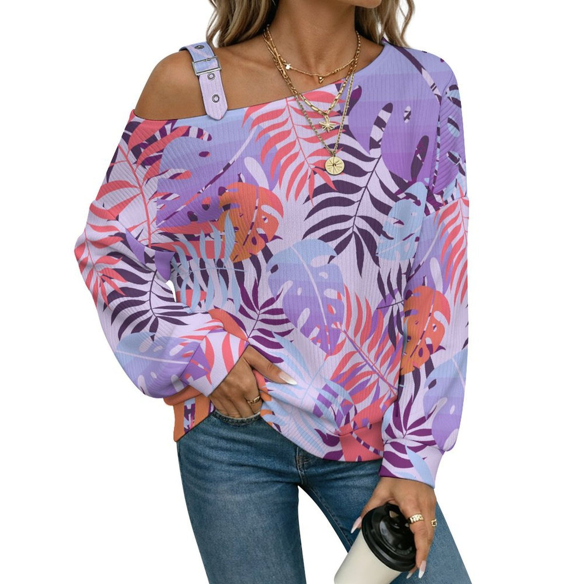 Off-the-shoulder Sweater Tile Pattern-Leaf-Purple-Pink-orange  Asymmetric Cold Shoulder Knit Sweater for Women, Adjustable Buckle Strap Long Sleeve Casual Slouchy Pullover