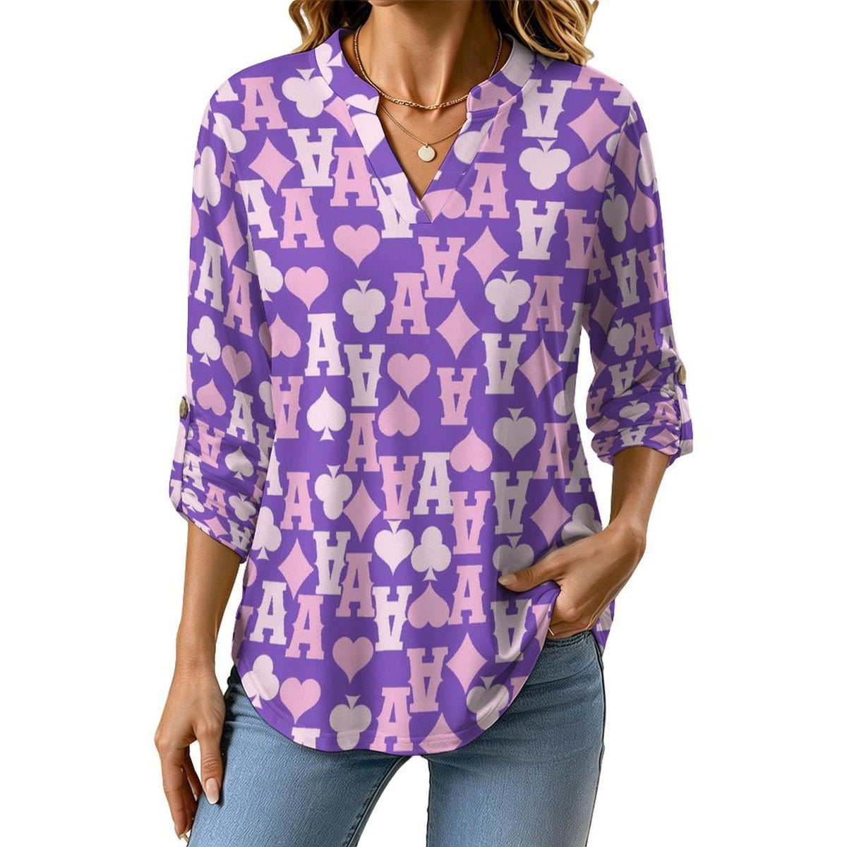 Poker A  Versatile Notched V-Neck Tunic | Roll Tab 3/4 Sleeve Office Casual Top