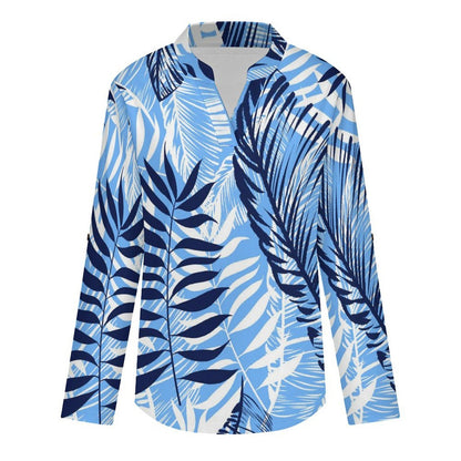 Stand-up Collar Long-sleeved Shirt Summer-flower-blue-yellow-full Print-T-shirt-phone Case  Customization Women’s V-Neck Blouses,long Sleeve,Roll-Up Sleeve Shirt