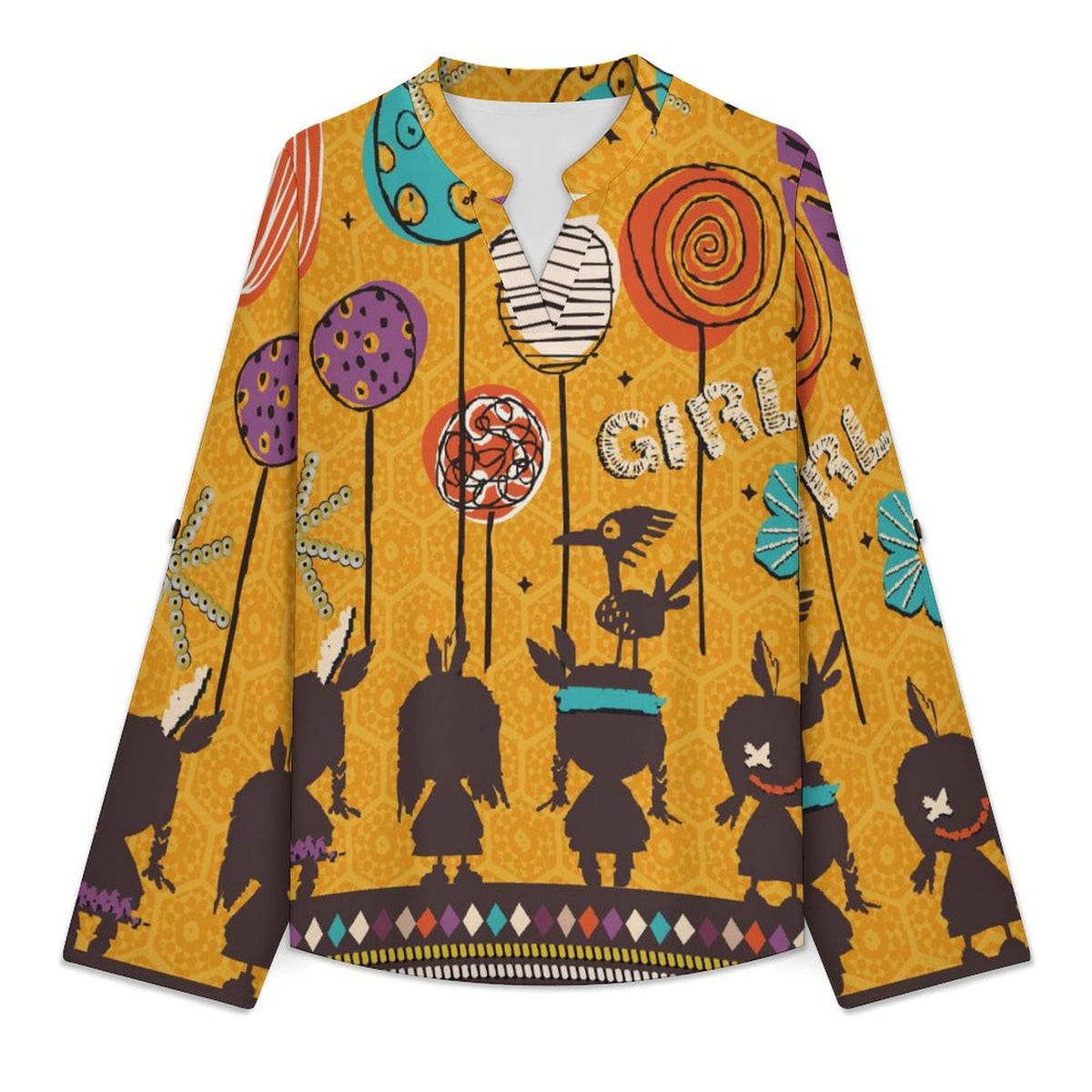 Stand-up Collar Long-sleeved Shirt Indian Cartoon Doll  Customization Women’s V-Neck Blouses,long Sleeve,Roll-Up Sleeve Shirt