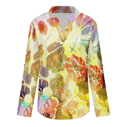 Stand-up Collar Long-sleeved Shirt Color Liquid Painting  Customization Women’s V-Neck Blouses,long Sleeve,Roll-Up Sleeve Shirt