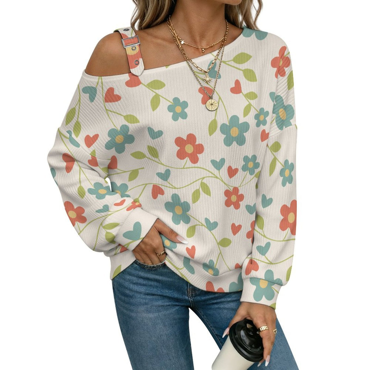 Adjustable Buckle Strap Long Sleeve Casual Slouchy PulloverOctopus Love PatternOff-the-shoulder Sweater