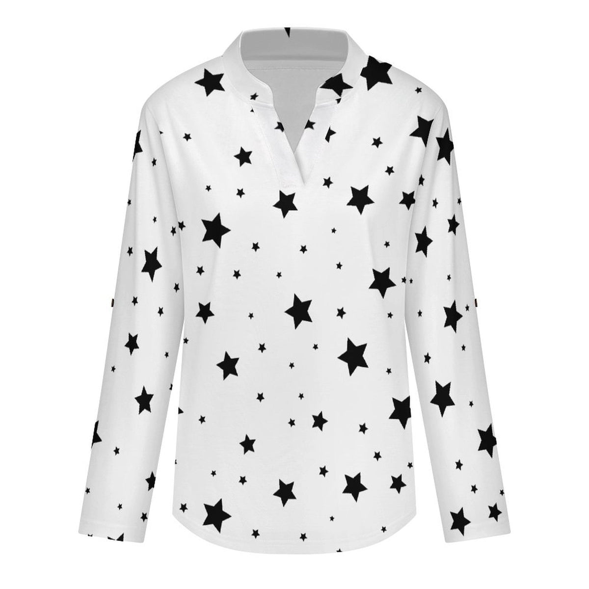 Star Pattern  Versatile Notched V-Neck Tunic | Roll Tab 3/4 Sleeve Office Casual Top