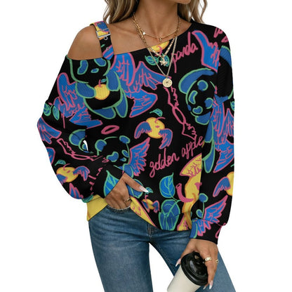 Off-the-shoulder Sweater Hand Drawn Panda  Asymmetric Cold Shoulder Knit Sweater for Women, Adjustable Buckle Strap Long Sleeve Casual Slouchy Pullover
