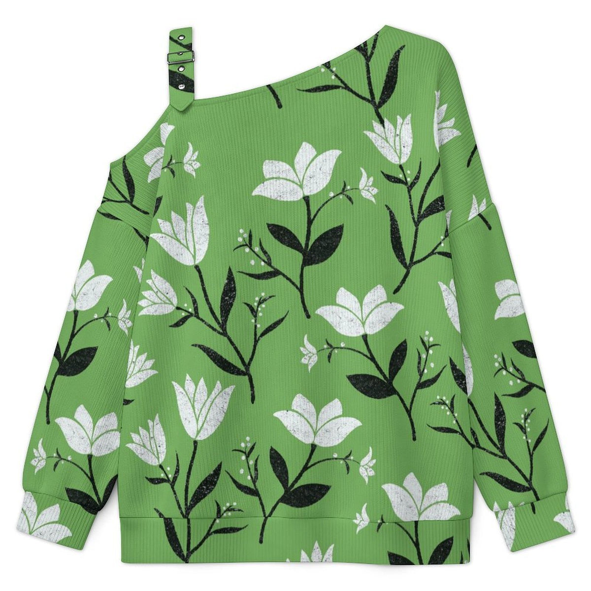 Off-the-shoulder Sweater Green  Flower  Asymmetric Cold Shoulder Knit Sweater for Women, Adjustable Buckle Strap Long Sleeve Casual Slouchy Pullover