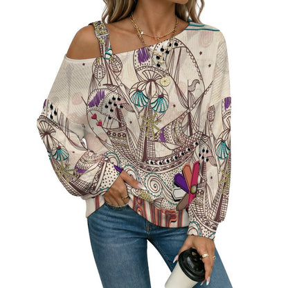 Off-the-shoulder Sweater Travels  Asymmetric Cold Shoulder Knit Sweater for Women, Adjustable Buckle Strap Long Sleeve Casual Slouchy Pullover