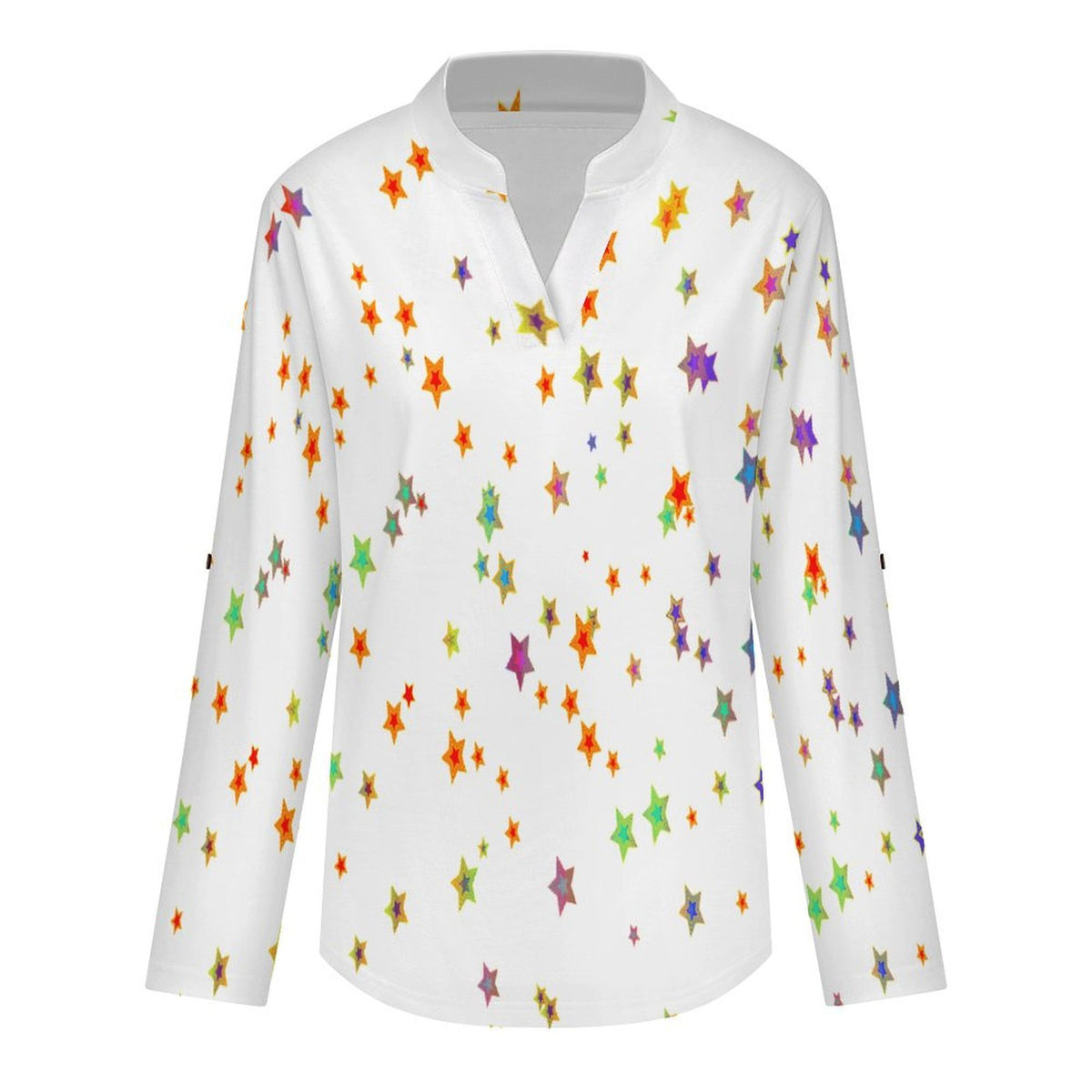 Colored Stars Roll Tab 3/4 Sleeve Notched V Neck Tunic Blouse