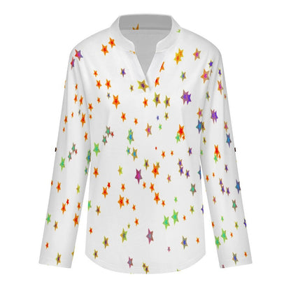 Colored Stars Roll Tab 3/4 Sleeve Notched V Neck Tunic Blouse