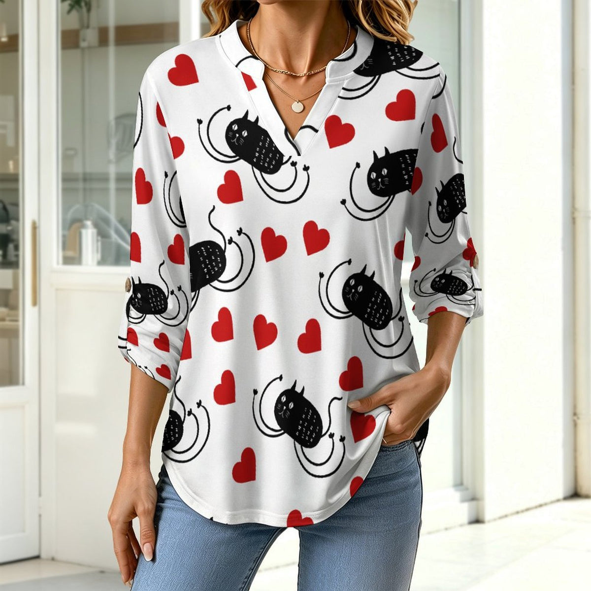 Stand-up Collar Long-sleeved Shirt Long-legged Cat, Funny, Repeating Pattern