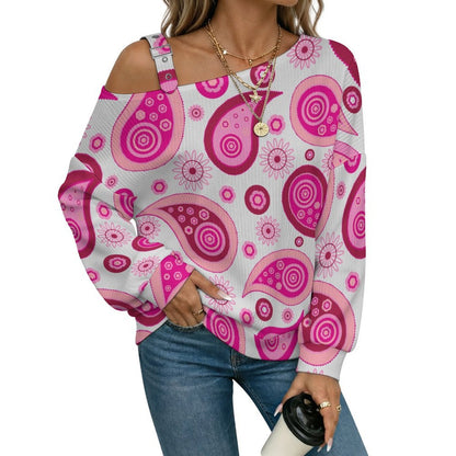 Fall Casual Asymmetric Shoulder Knit Top with Buckle Detail Pink Paisley Pattern