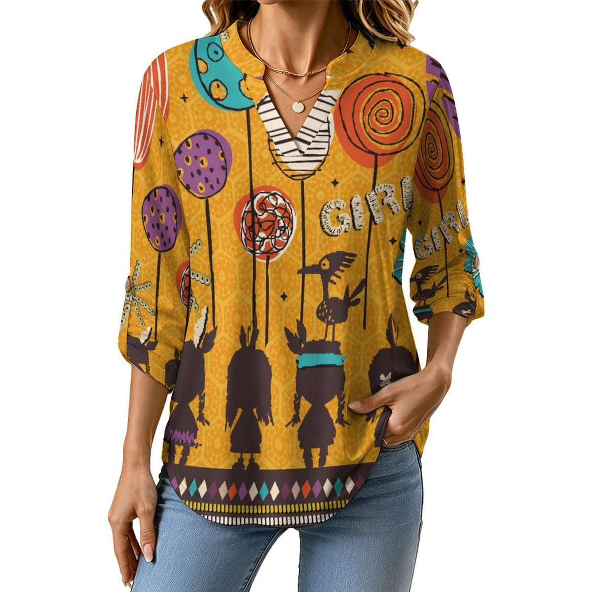 Indian Cartoon Doll  Women Curved Hem V Neck Roll Sleeve Casual Work Top