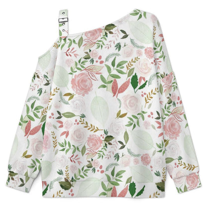 Off-the-shoulder Sweater Pink Roses, Green Leaves  Asymmetric Cold Shoulder Knit Sweater for Women, Adjustable Buckle Strap Long Sleeve Casual Slouchy Pullover