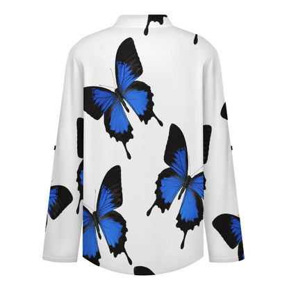 Stand-up Collar Long-sleeved Shirt The Butterfly Repeat  Customization Women’s V-Neck Blouses,long Sleeve,Roll-Up Sleeve Shirt