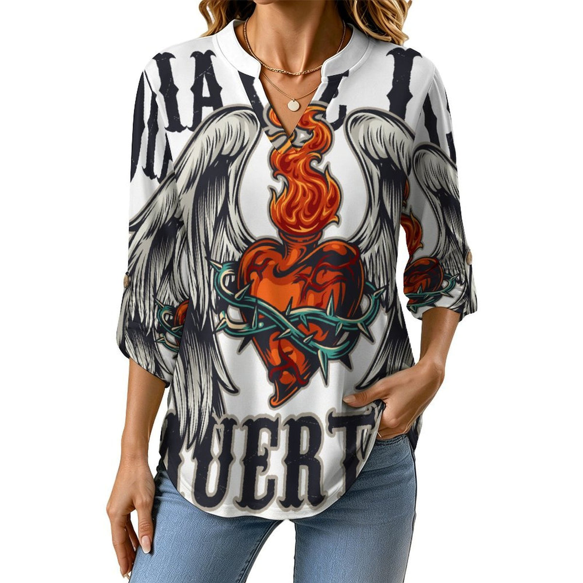 Stand-up Collar Long-sleeved Shirt Death Day,heart, Wings  Customization Women’s V-Neck Blouses,long Sleeve,Roll-Up Sleeve Shirt