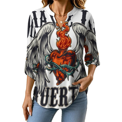 Stand-up Collar Long-sleeved Shirt Death Day,heart, Wings  Customization Women’s V-Neck Blouses,long Sleeve,Roll-Up Sleeve Shirt