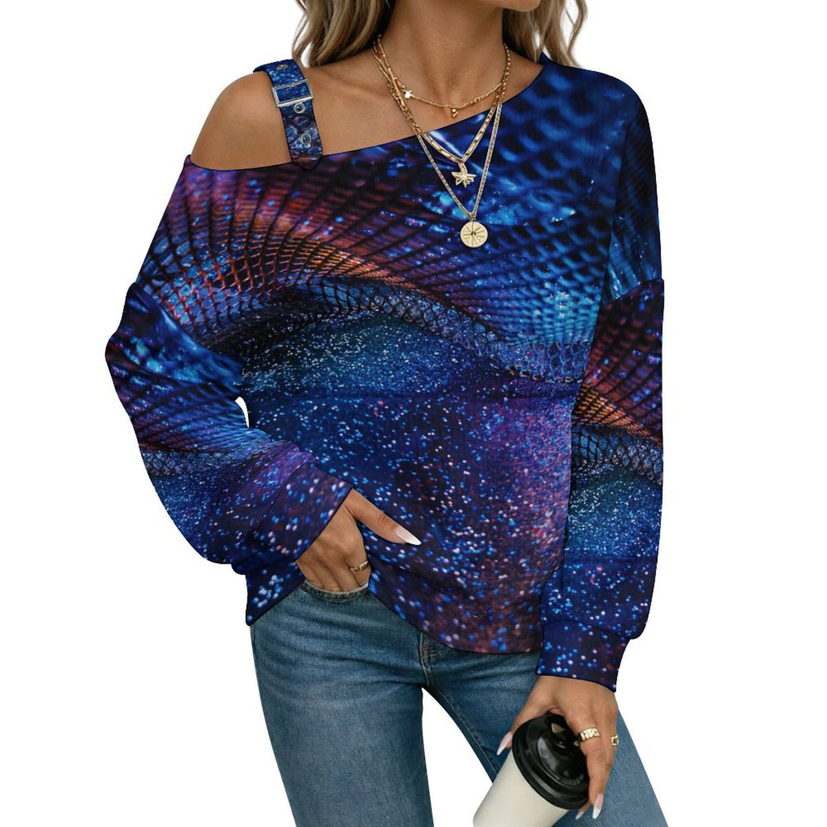 Off-the-shoulder Sweater Blue Starlight Pattern  Asymmetric Cold Shoulder Knit Sweater for Women, Adjustable Buckle Strap Long Sleeve Casual Slouchy Pullover