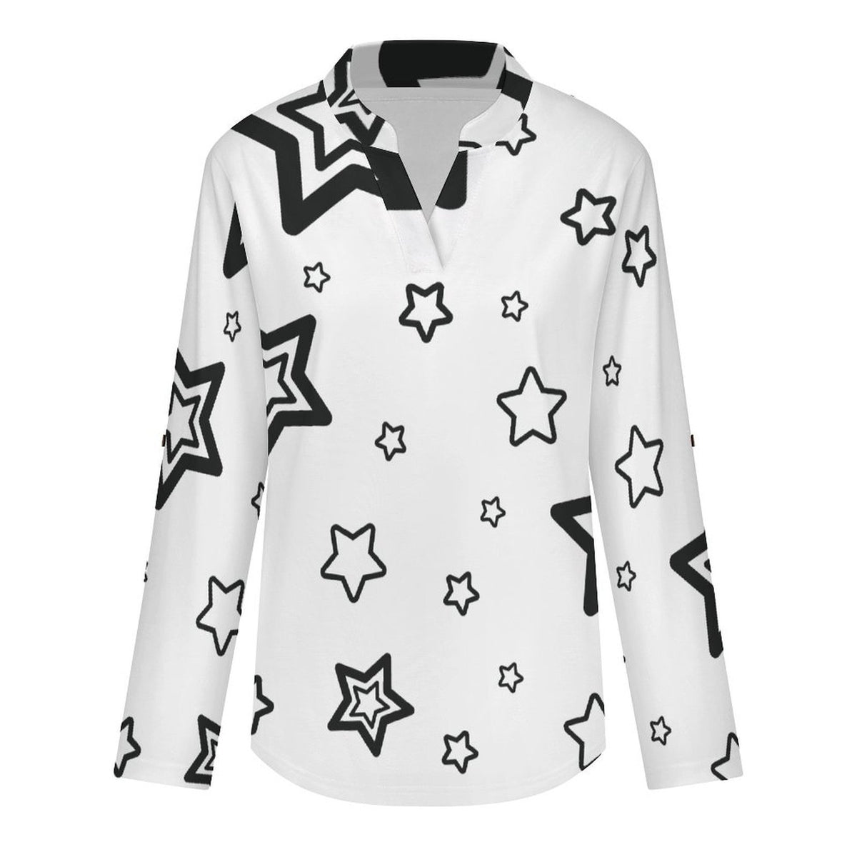 The Stars Repeat The Black Pattern  Versatile Notched V-Neck Tunic | Roll Tab 3/4 Sleeve Office Casual Top