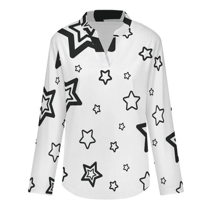 The Stars Repeat The Black Pattern  Versatile Notched V-Neck Tunic | Roll Tab 3/4 Sleeve Office Casual Top