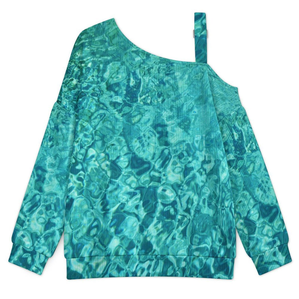Buckle Strap Asymmetrical Off Shoulder Knit Sweater Bull Water Sea