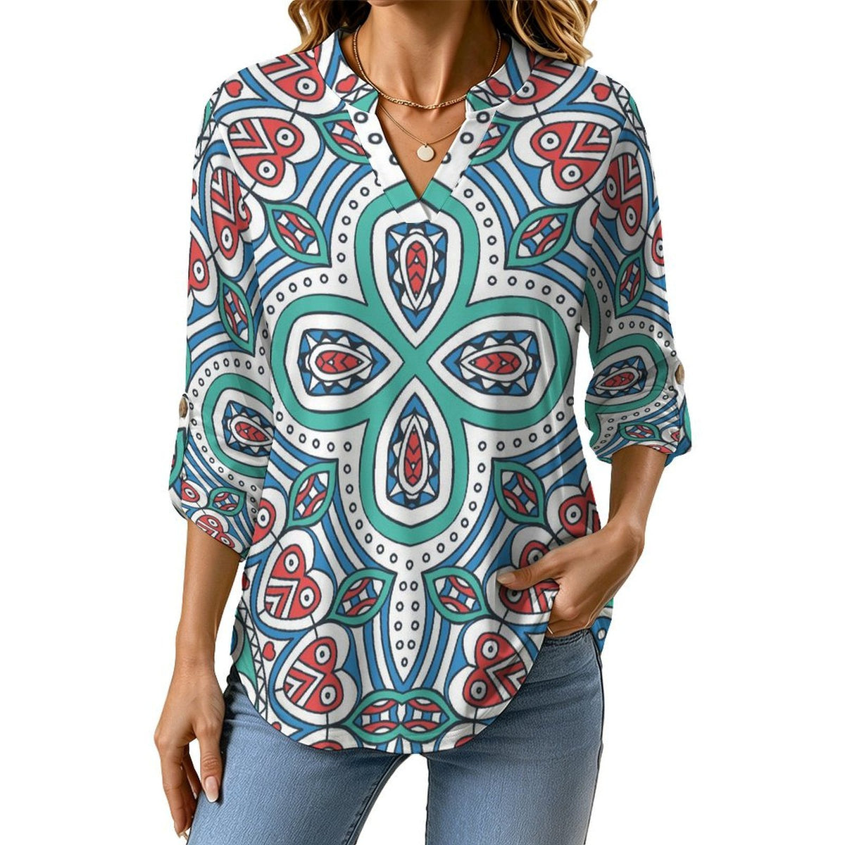 Chinese Style Repeating Pattern  Versatile Notched V-Neck Tunic | Roll Tab 3/4 Sleeve Office Casual Top