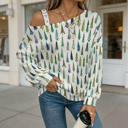 Women’s Off-Shoulder Knit Sweater Trees Wallpaper