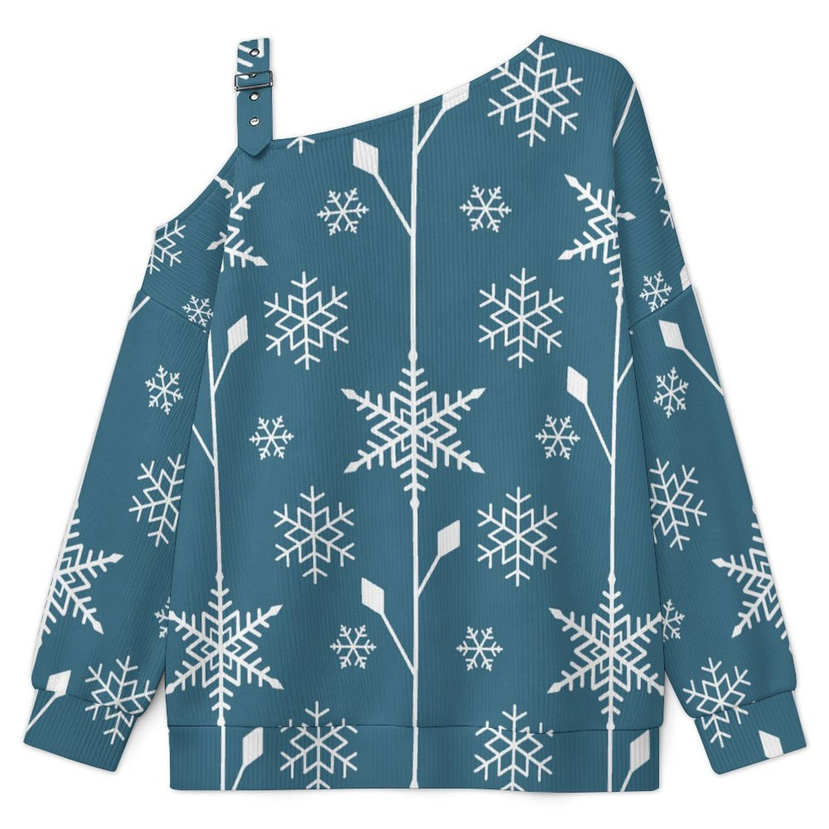 Off-the-shoulder Sweater Snowflake Blue Tile Repeat  Asymmetric Cold Shoulder Knit Sweater for Women, Adjustable Buckle Strap Long Sleeve Casual Slouchy Pullover