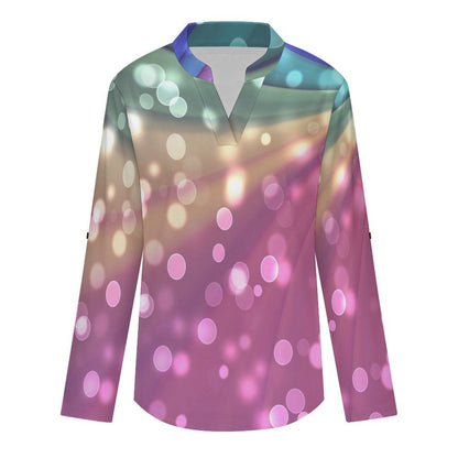 Stand-up Collar Long-sleeved Shirt Color, Dazzling Starlight  Customization Women’s V-Neck Blouses,long Sleeve,Roll-Up Sleeve Shirt