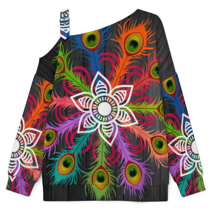 Off-the-shoulder Sweater Peacock Feather  Asymmetric Cold Shoulder Knit Sweater for Women, Adjustable Buckle Strap Long Sleeve Casual Slouchy Pullover