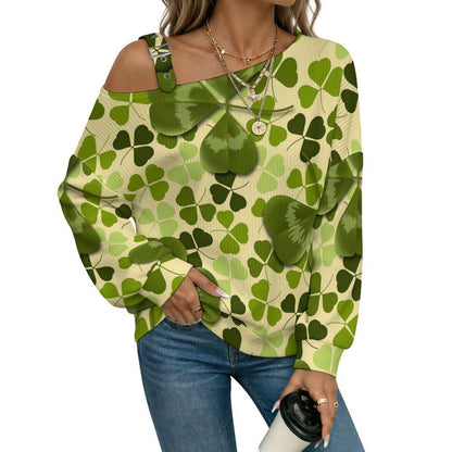 St Patrick, Clover, Green Buckle Strap Asymmetrical Off Shoulder Knit Sweater