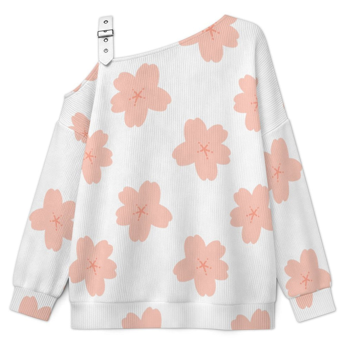 Off-the-shoulder Sweater Cherry Blossoms  Asymmetric Cold Shoulder Knit Sweater for Women, Adjustable Buckle Strap Long Sleeve Casual Slouchy Pullover