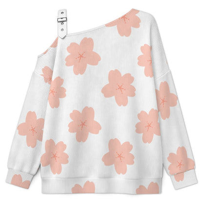 Off-the-shoulder Sweater Cherry Blossoms  Asymmetric Cold Shoulder Knit Sweater for Women, Adjustable Buckle Strap Long Sleeve Casual Slouchy Pullover