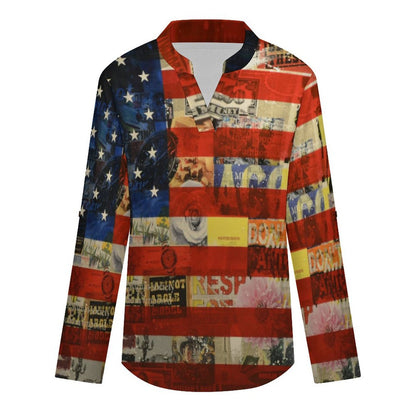 Stand-up Collar Long-sleeved Shirt National Flag, History, War  Customization Women’s V-Neck Blouses,long Sleeve,Roll-Up Sleeve Shirt