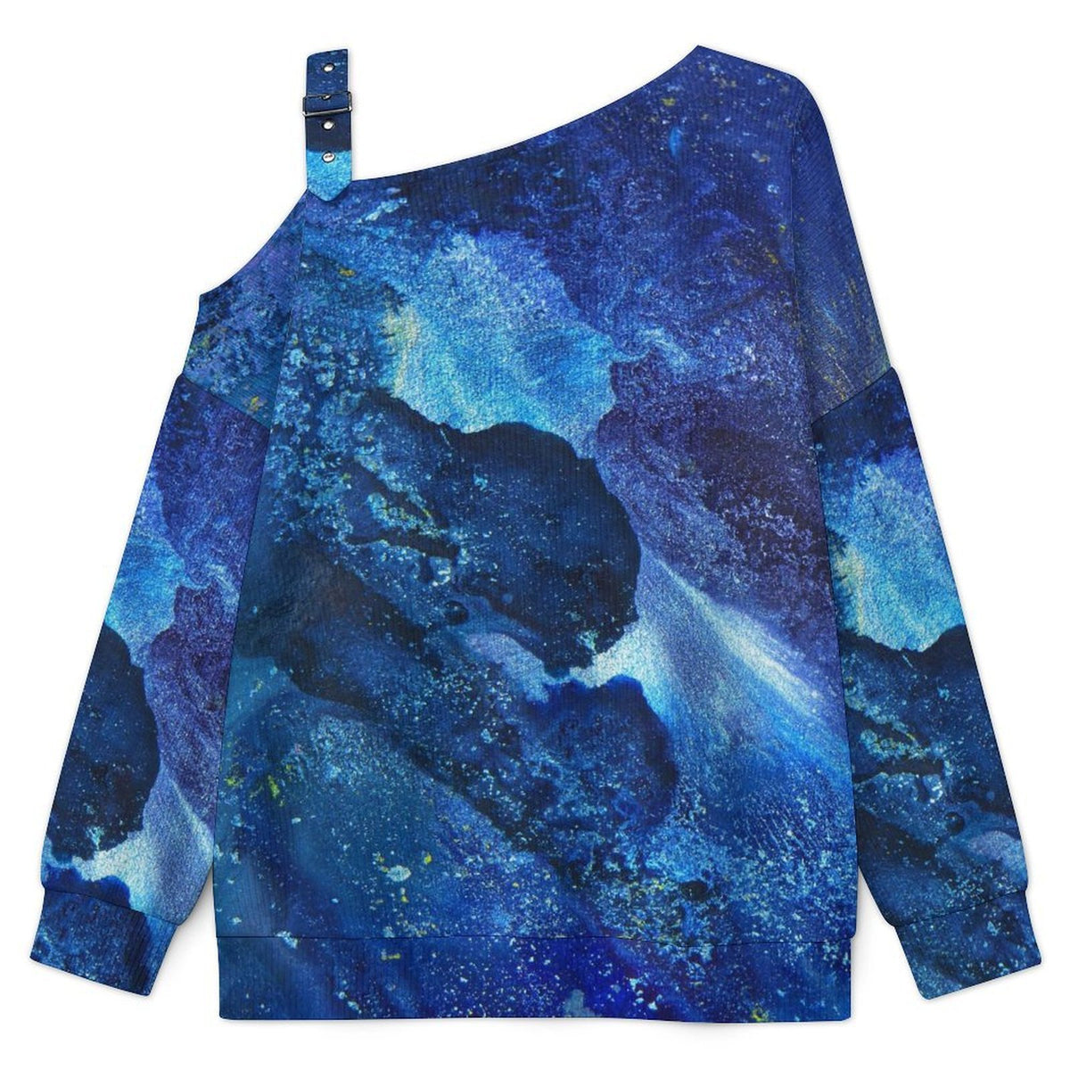 Off-the-shoulder Sweater Blue Background, Abstract Pattern  Asymmetric Cold Shoulder Knit Sweater for Women, Adjustable Buckle Strap Long Sleeve Casual Slouchy Pullover