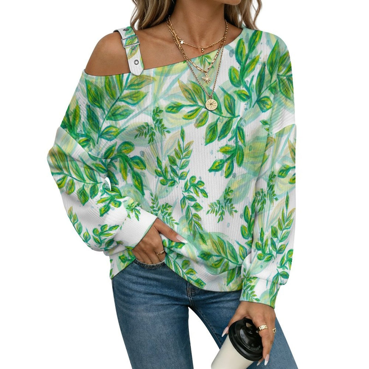 Fall Casual Asymmetric Shoulder Knit Top with Buckle Detail Ink Painting, Green Leaves