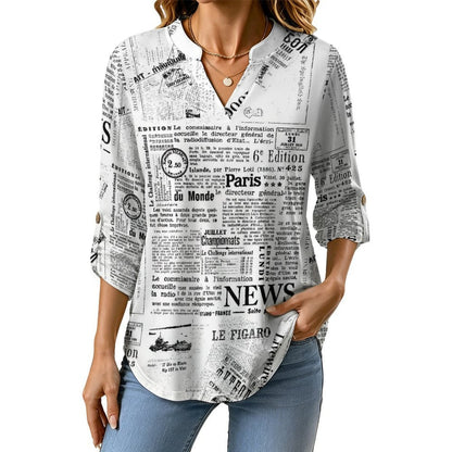 Stand-up Collar Long-sleeved Shirt Newspaper Vintage Dress white S Women’s V-Neck Blouses