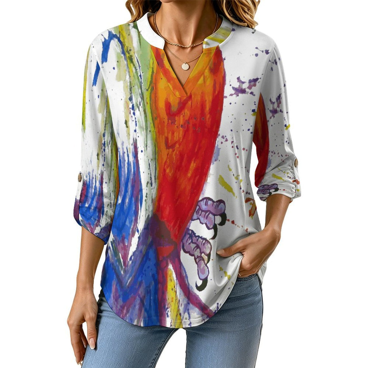 Stand-up Collar Long-sleeved Shirt Painting, Parrot  Customization Women’s V-Neck Blouses,long Sleeve,Roll-Up Sleeve Shirt