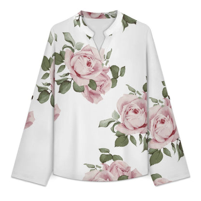 Stand-up Collar Long-sleeved Shirt Rose Repeat Tablecloth Curtain white S Women’s V-Neck Blouses