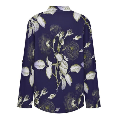 Purple, Flowers, Patterns Roll Tab 3/4 Sleeve Notched V Neck Tunic Blouse