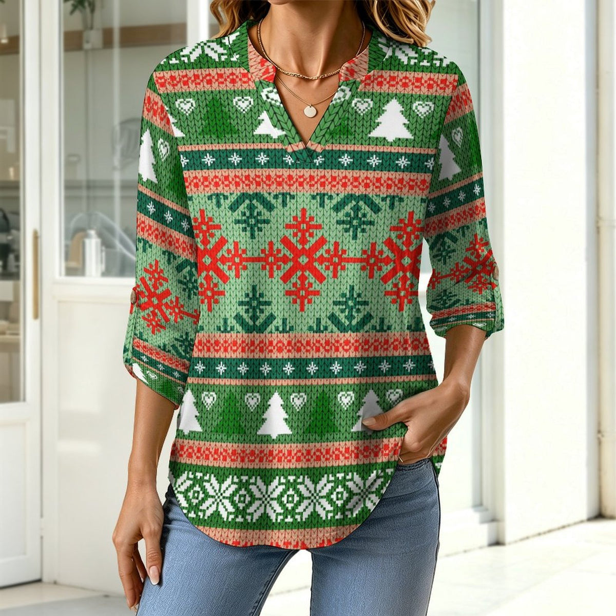 Christmas Texture  Versatile Notched V-Neck Tunic | Roll Tab 3/4 Sleeve Office Casual Top
