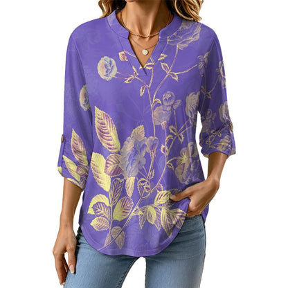 Women's Notched V Neck Tunic Tops, Roll Up 3/4 Sleeve Button Cuff Casual Blouse, Hem Loose Work Shirts Purple, Chinese Style, Flower Pattern