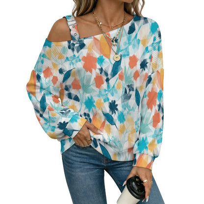Fall Casual Asymmetric Shoulder Knit Top with Buckle Detail Colored Flowers, Abstract Patterns
