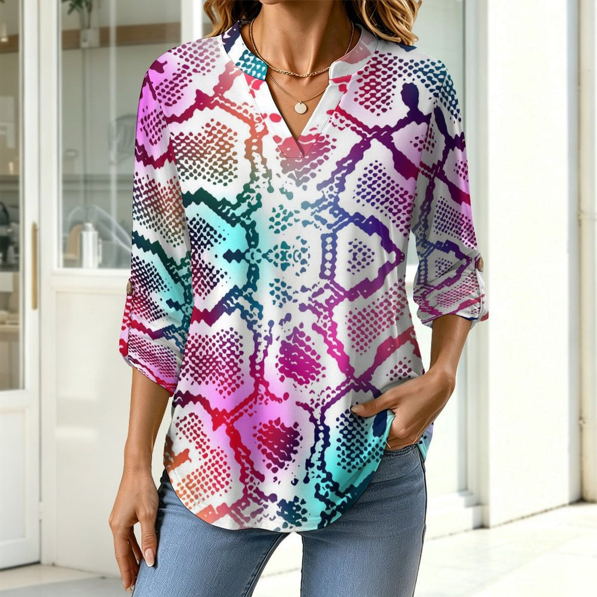 Fluorescent Snake Skin Pattern Roll Tab 3/4 Sleeve Notched V Neck Tunic Blouse