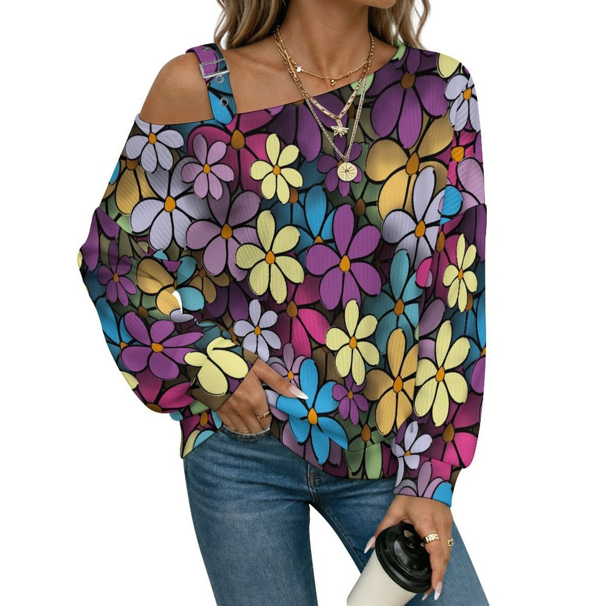 Women’s Off-Shoulder Knit Sweater Flowers Background