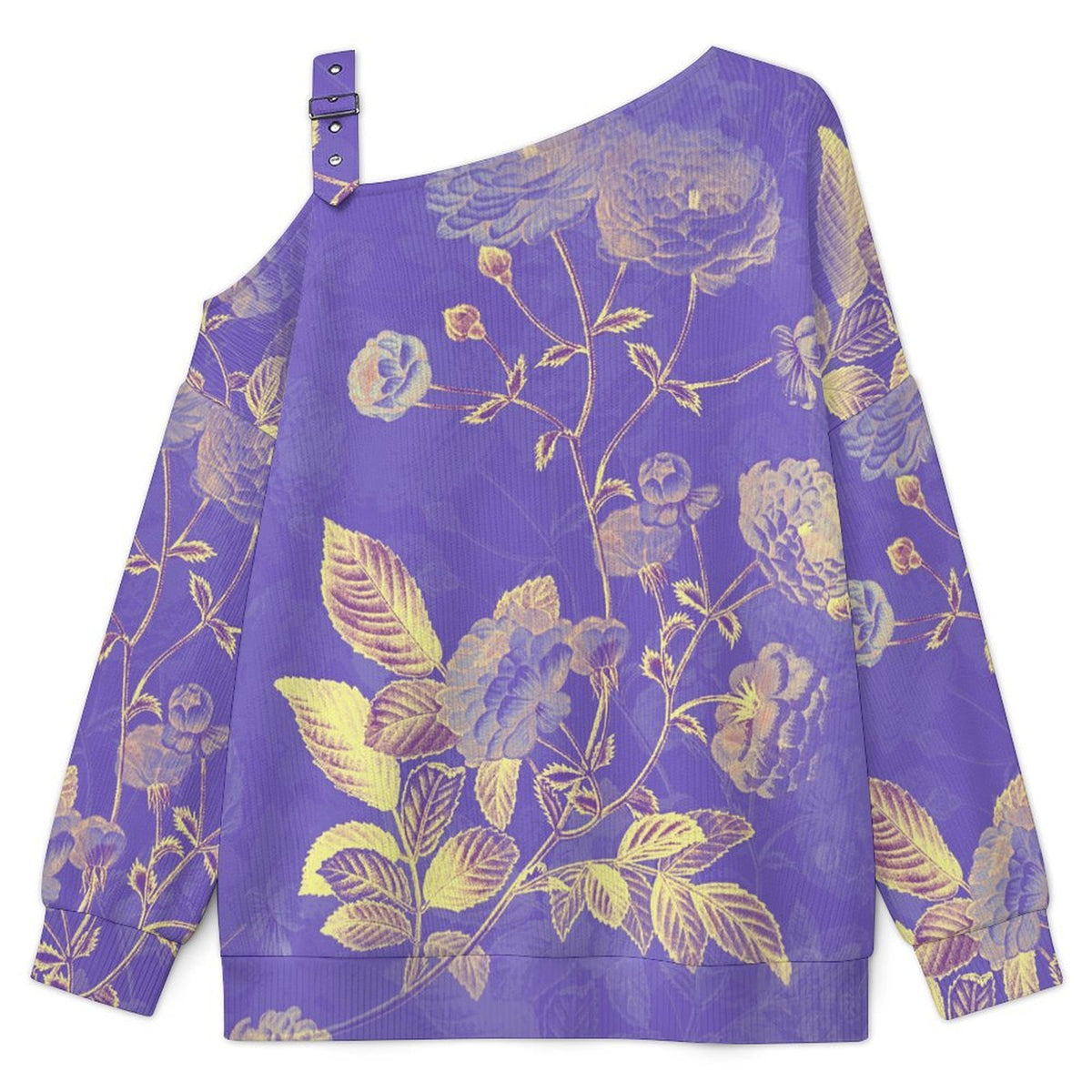 Off-the-shoulder SweaterPurple, Chinese Style, Flower Pattern Women’s Off-Shoulder Knit Sweater