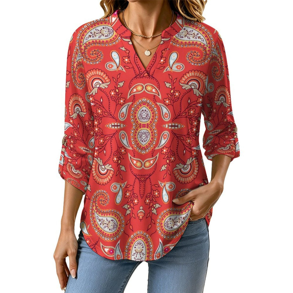 Paisley  Versatile Notched V-Neck Tunic | Roll Tab 3/4 Sleeve Office Casual Top