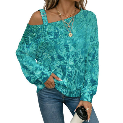 Buckle Strap Asymmetrical Off Shoulder Knit Sweater Bull Water Sea