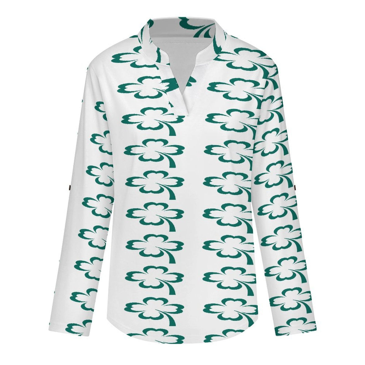 Women Curved Hem V Neck Roll Sleeve Casual Work Top  St. Patrick's Day, White, Clover
