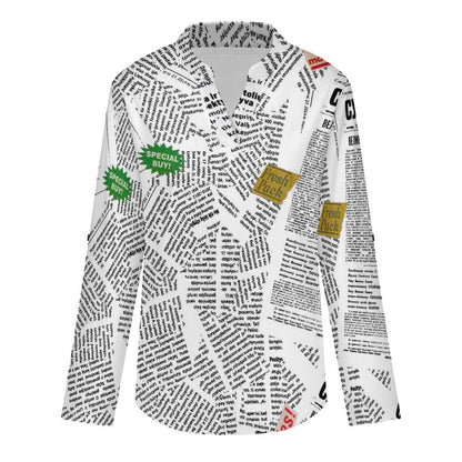 Stand-up Collar Long-sleeved Shirt Newspaper white S Women’s V-Neck Blouses