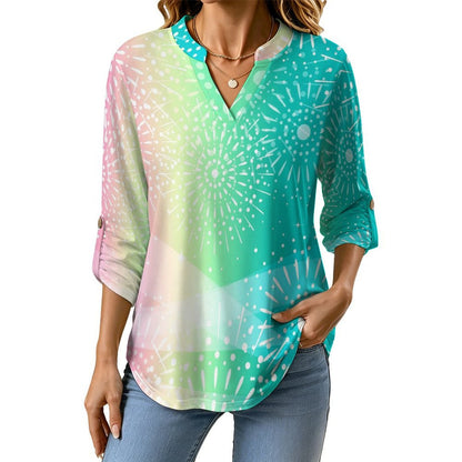 Stand-up Collar Long-sleeved Shirt Rainbow, Color Pattern white SWomen’s V-Neck Blouses