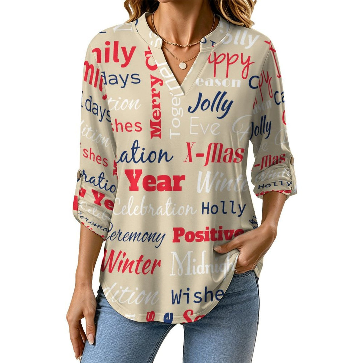 Retro Design, Newspaper Roll Tab 3/4 Sleeve Notched V Neck Tunic Blouse